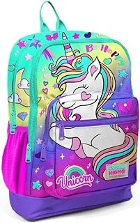 Coral High Kids Four Compartment USB School Backpack - Lavender Water Green Unicorn Patterned