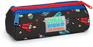 Coral High Kids Three Compartment Pencil case - Dark Gray Red Space Patterned