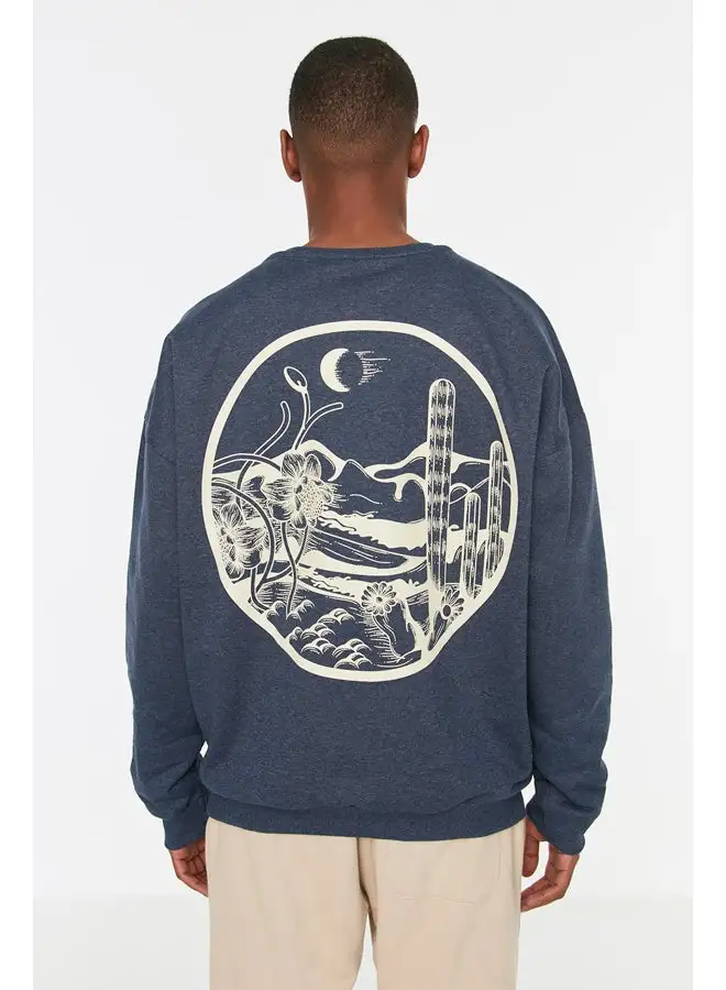 trendyol Men's Indigo Oversize Fit Crew Neck Back Printed Sweatshirt