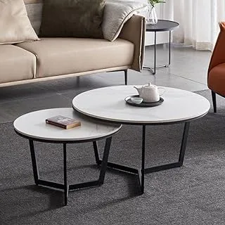 sama steel center table consisting of two pieces with dimensions : diameter 80cm * height 45cm and diameter 60cm made of steel with black electrostatic coating and marble