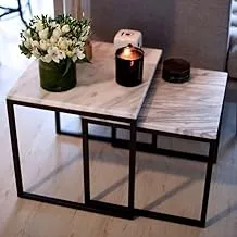 sama steel side table consisting of two pieces with dimensions 50cm * 50 cm * height 60cm and 50cm * 45cm * height 50cm made of steel with black electrostatic coating and white carrara marble on top