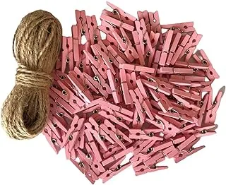 DurReus Miniature Clothes Pins for Crafts Christmas Decor Ornaments Tiny Clips with Jute Twine Pink Pack 100