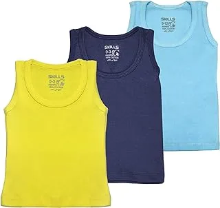 Skills Cotton Set Of 3 Pieces Plain Sleeveless Round Neck Undershirt For Unisex-Multicolor-0-3Months