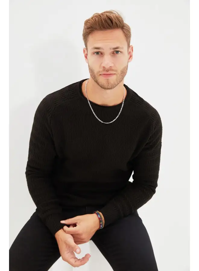 trendyol Black Men's Slim Fit Crew Neck Sleeves Textured Patterned Raglan Sleeve Knitwear Sweater.