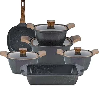 Neoklein 10 Pieces Granite Healthy Square Nonstick Cookware Set with Pyrex Velot Lid