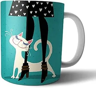 Ceramic Cat and Woman Print Mug - Multi Color