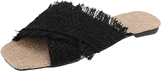 AUUXVA SOUL 2 SOLE Ready made tabular strap feathered and sequened flat fashionable aquared toe slippers,BLACK,37