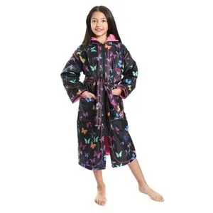 Activ Butterfly Pattern Zipper Closure Hooded Girls Bathrobe - Black, Fuchsia & Blue