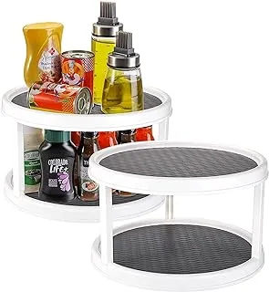 Yesland 2-Tier Lazy Susan Turntable for Cupboard, 12 Inches Non-Skid Tiered Rotating Kitchen Spice Organizer for Cabinets Pantry Bathroom Countertop Refrigerator(Gray and White)