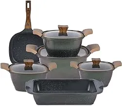 Neoklein 10 Pieces Granite Healthy Square Nonstick Cookware Set with Pyrex Tropic Lid