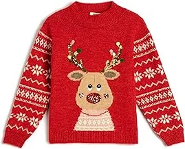 KOTON Girl's Crew Neck Christmas Deer Patterned Sequined Details Soft Touch Pullover (pack of 1)