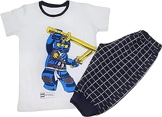 SKILLS Cotton Set Of 2 Pieces Half Sleeves T-Shirt&Pants Printed Shape For Boys-White&Navy-10Years