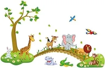 Jungle Animal Across the Bridge Removable Cartoon Wall Sticker Wallpaper for Kids Children Room