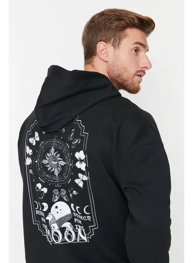 trendyol Black Men's Oversize Hoodie. Space Printed Cotton Sweatshirt with a Soft Pile Interior TMNAW23SW00344.