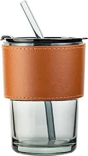 Brown Voix Glass Tumbler Mug with Lid, Glass Straw and Protective Anti-Skid Leather Sleeve for Hot and Cold Beverages Tea Coffee Smoothies Fruit Juice Travel Mug