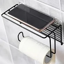 FIGMENT Iron Black Coated Self Adhesive Tissue Toilet Paper Holder with Mobile Phone Storage Shelf, Wall-Mounted Paper Towel Storage Rack Bathroom Wall Shelf(Tissue Holder with Mobile Stand)