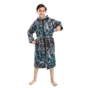 Activ Self Pattern Zipper Closure Hooded Boys Bathrobe - Black, Grey & Mint Green