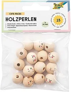 folia Beads, Cute, 15 Round Wooden Balls Printed with Funny Faces, Assorted in 3 Designs, Natural, Diameter 15 mm, for Threading for Necklaces or for Crafting Figures, Colourful