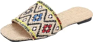 LKOER SOUL 2 SOLE Squared toe flat slippers, natural canvas zigzag embroidered strap,Beige× yellow × colors,39