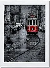 Istanbul Black White RED TRAIN - WHITE - Wooden Frame with Glass - Printed Poster Tableau wall art BZL-134-24322-WT