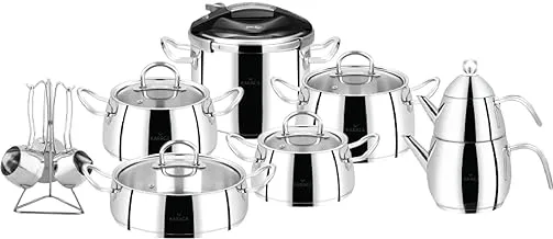 Karaca | Zeyna 17-Piece Steel Gift Set, Steel Pans and Pans, Pressure Cooker, Steel Teapot, Pressure Cooker, Meat and Vegetable Dishes