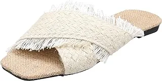 LKOER SOUL 2 SOLE Ready made tabular strap feathered and sequened flat fashionable aquared toe slippers,BEIGE,38