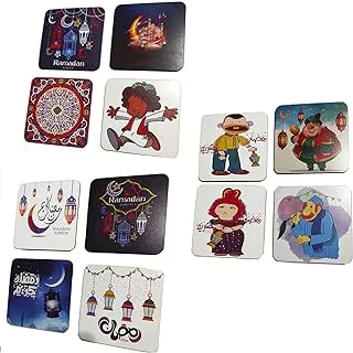 Wooden Printed Square Coaster Decorations for Ramadan, 9.5cm - 12 Pieces