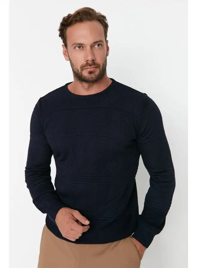 trendyol Navy Blue Men's Slim Fit Crewneck Jacquard Knitwear Sweater TMNAW22KZ0416