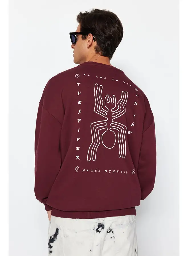 trendyol Burgundy Men's Oversize/Wide-Cut Animal Print Thick Cotton Sweatshirt.