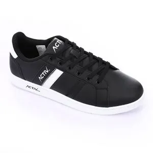 Activ Side Branded Leather Lace Up Sneakers - Black