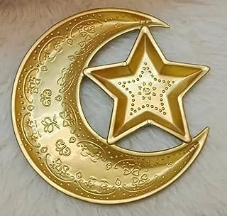 Stellar Stores Star and Crescent Gold Plastic Plate, for Serving Nuts, Almonds, Snacks, Dates, Ramadan Delights