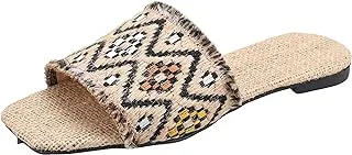 LKOER SOUL 2 SOLE Squared toe flat slippers, natural canvas zigzag embroidered strap,Beige×beige× colors,37