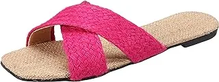 LKOER SOUL 2 SOLE Totally straw canvas flat 2 criss-cross straps slippers,FUCHSIA,41