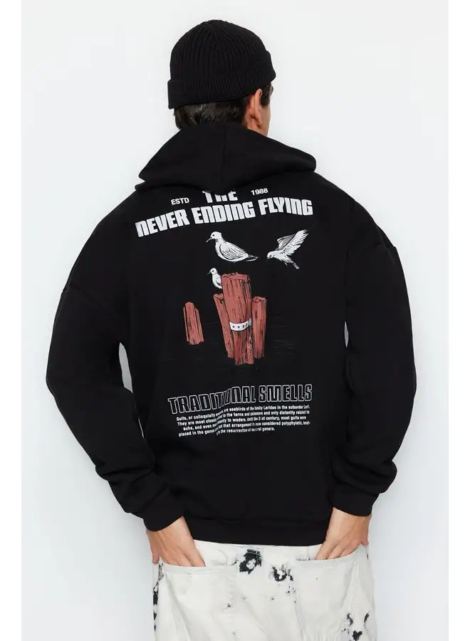 trendyol Black Men's Oversize Hoodie. Animal Printed Cotton Sweatshirt with a Soft Pile Inside.