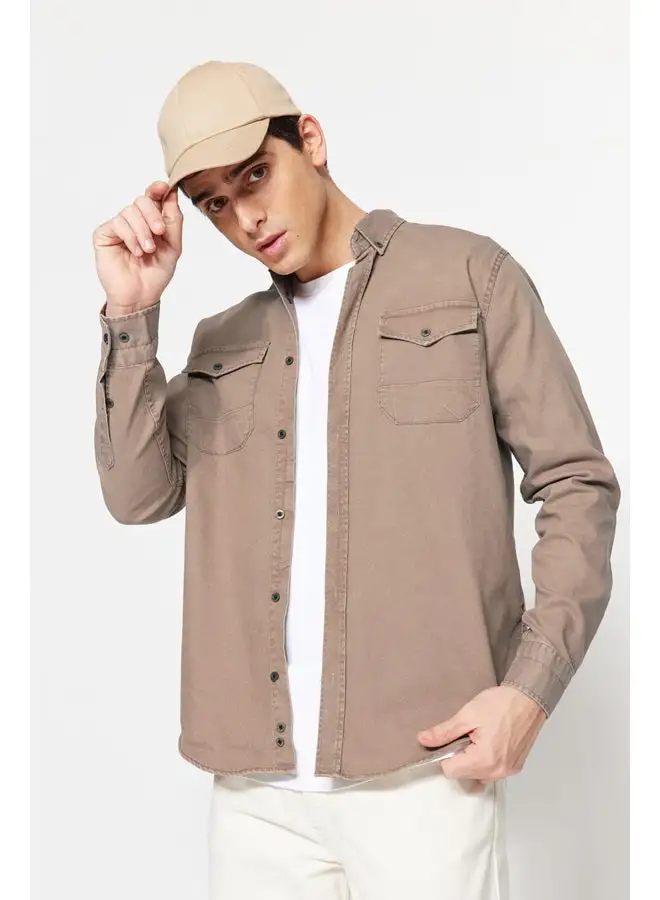 trendyol Dark Beige Men's New Shirt with Metal Buttons