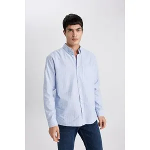 Defacto Man Relax Fit Button Polo Neck Woven Long Sleeve Shirt