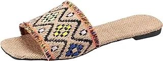 LKOER SOUL 2 SOLE Squared toe flat slippers, natural canvas zigzag embroidered strap,Beige× orange× colors,41