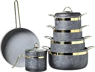 Brioni ROYAL STONE Natural Granite Cookware Set - 12 PCs (4 Pots 18/20/24/28, Oven Tray 28 Cm, Frying Pan 28 Cm, Milk Pot 2 Litre) - Dark Gray (Anthracite) / Gold