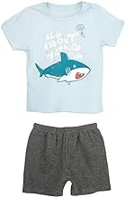 Jockey M M Cotton Set Of 2 Pieces Half Sleeves T-Shirt&Short Printed Shark For Boys-Baby Blue&Dark Grey-9-14Month