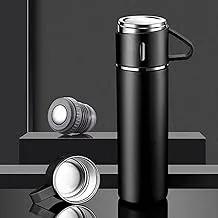 LALABROTHERS WATER BOTTLE stainless Steel Vacuum Flask with Cup, Insulated Thermos Double Wall Insulated Water Bottle with 2 stainless steel cups Hot Drinks or Cold, Coffee Travel Mugs 500ml (BLACK)