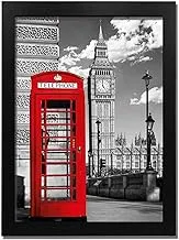 LONDON RED PHONE BOOTH B&W - BLACK - Wooden Frame with Glass - Printed Poster Tableau wall art BZL-130-24322-BK