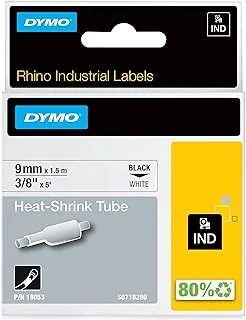 DYMO RHINO HEAT SHRINK TUBE 9MMX1.5M WHITE ، أنابيب الانكماش الحراري الصناعية لصانعي ملصقات DYMO الصناعية RhinoPro ، أسود على أصفر ، 1/4 