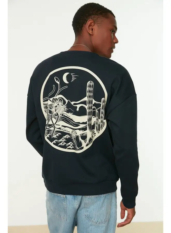 trendyol Navy Blue Men's Oversize Tropical Back Printed Sweatshirt with Soft Pile Cotton Inside TMNAW22SW0796