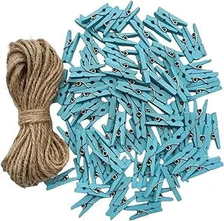 DurReus Tiny Wood Clothes Pins for Crafts Postcards Clips Party Decor with Jute Twine Sky Blue Pack 100