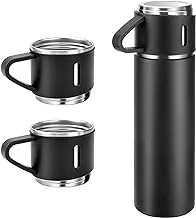 loky boy Coffee Thermos Stainless Steel Vacuum Insulated Water Bottle 500ml/16.9oz Insulated Bottle with Cup for Hot and Cold Drinks Travel Mug (Black, Three Cups)