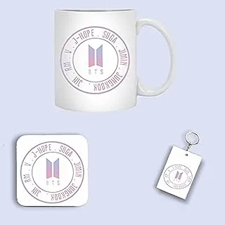 BTS logo mug with coaster and keychain