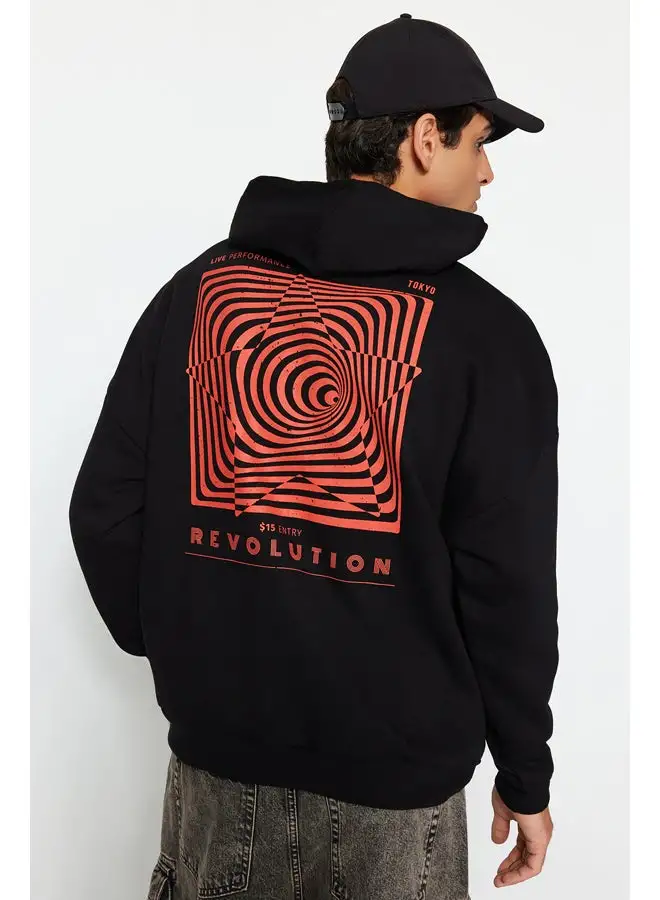 trendyol Black Men's Oversized Hooded Labyrinth Printed Sweatshirt with a Soft Pile inside.