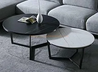 sama steel center table consisting of two pieces with dimensions : diameter 80cm * height 45cm and diameter 60cm made of steel with black electrostatic coating and marble