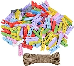 120PCS Small Rainbow Wooden Clothespins Card Holder Mini Colored Clothes Pins Art Craft Photo Display Hanging Clips Paper Peg with Jute Twine