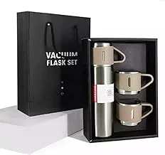 one year warranty_Double-Wall Stainless Steel Vacuum Thermos Flask with Silicone Handle and Insulated Lid Set With 2 Stainless Steel Cups for Hot and Cold Beverages 500 ML(Beige)